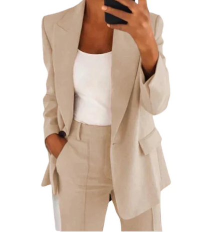 Women's tailored blazer set with matching trousers, elegant office wear in coordinated silhouette
