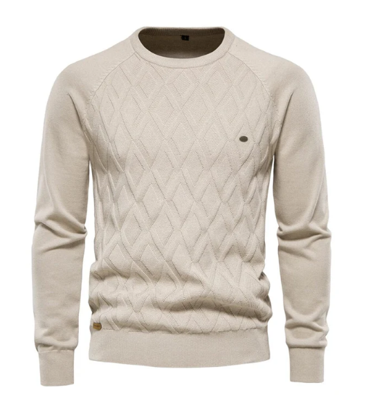 Men's slim fit grain knit sweater in earthy tones with tailored silhouette for casual semi-formal wear