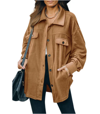 Women's cozy fleece jacket with button placket in classic style, warm versatile outdoor layer