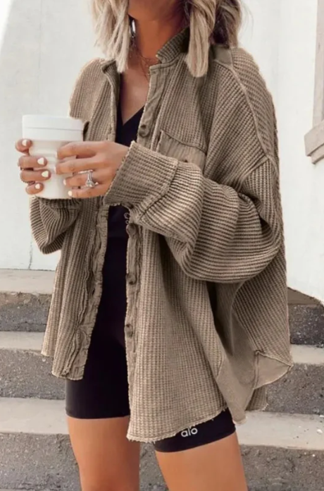 Women's relaxed beige button-front shirt jacket versatile lightweight outerwear with classic collar