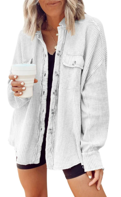 Women's relaxed button-front shirt jacket in versatile neutral tone, lightweight layering outerwear