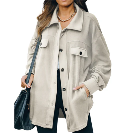 Women's cozy fleece jacket with button placket in classic style, warm layering essential