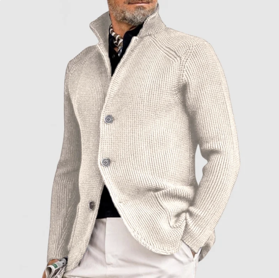 Men's navy blue structured cotton cardigan smart casual all-season layering piece with clean silhouette