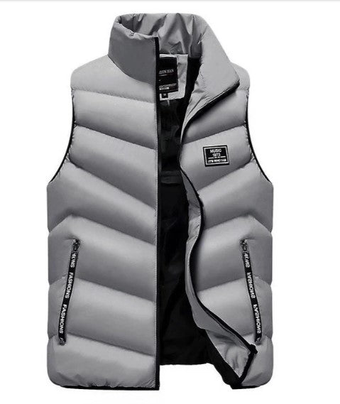 Men's lightweight sleeveless vest jacket neutral tone slim fit transitional layer with zip closure