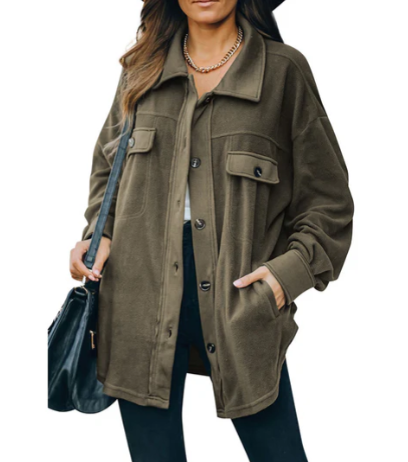 Women's cozy fleece jacket with button placket in classic style, warm layering essential
