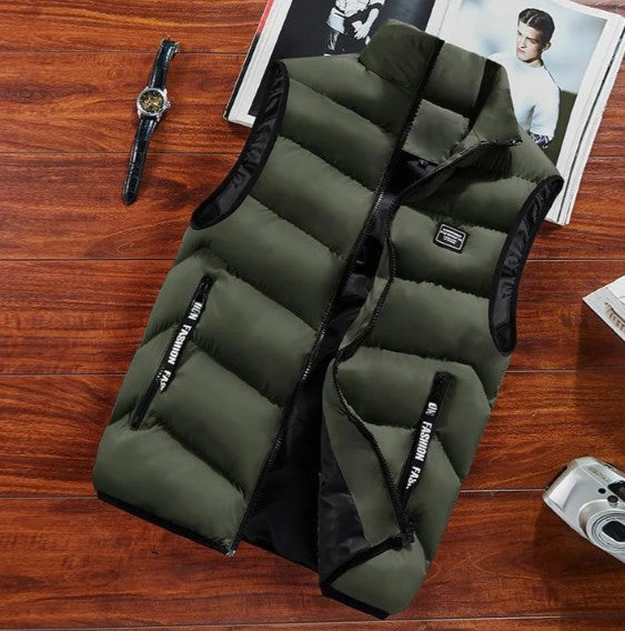 Men's lightweight sleeveless transitional vest in neutral tone, slim fit with versatile layering design