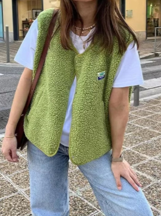 Women's wool blend vest sherpa-textured relaxed fit snap front layering essential for everyday wear