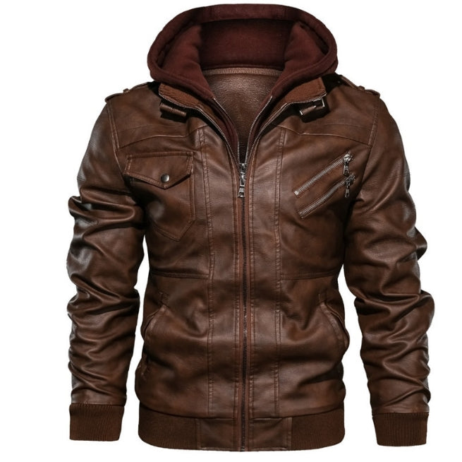 Men's black slim fit hooded PU leather jacket with zipper closure and epaulettes urban style