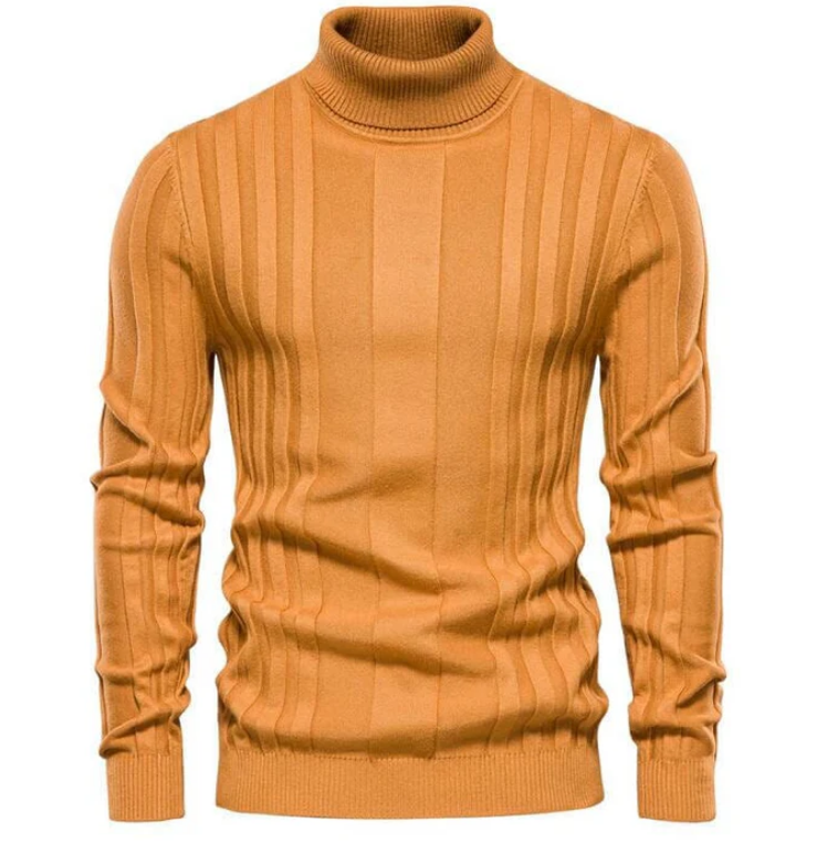 Men's slim fit turtleneck sweater earth tone premium knitwear with refined collar detail
