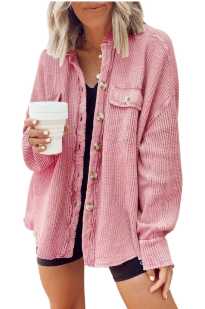 Women's relaxed beige button-front shirt jacket with versatile open-or-closed layering style