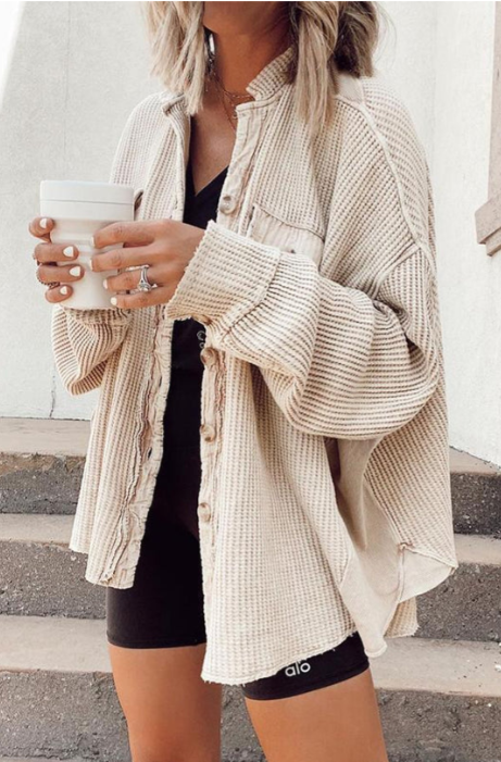 Women's relaxed beige button-front shirt jacket versatile lightweight outerwear with classic collar