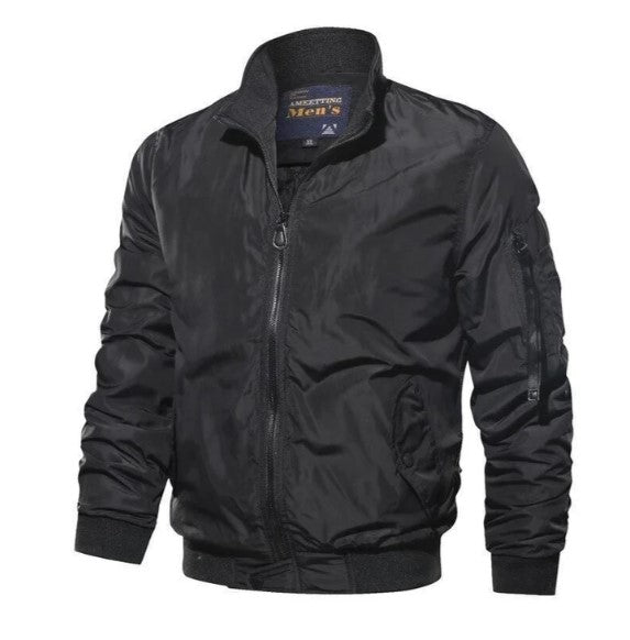 Men's navy transitional jacket with sleeve pocket, clean versatile cut for all-season layering