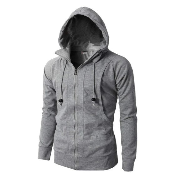 Men's gray full-zip hoodie with contemporary fit, premium fabric, and easy-care design for everyday wear