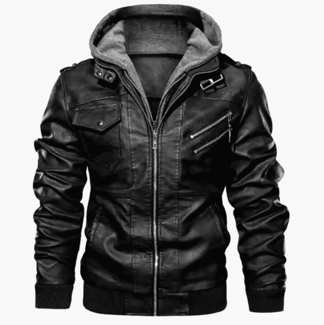 Men's slim fit black PU leather hooded jacket with zipper and epaulettes urban street style
