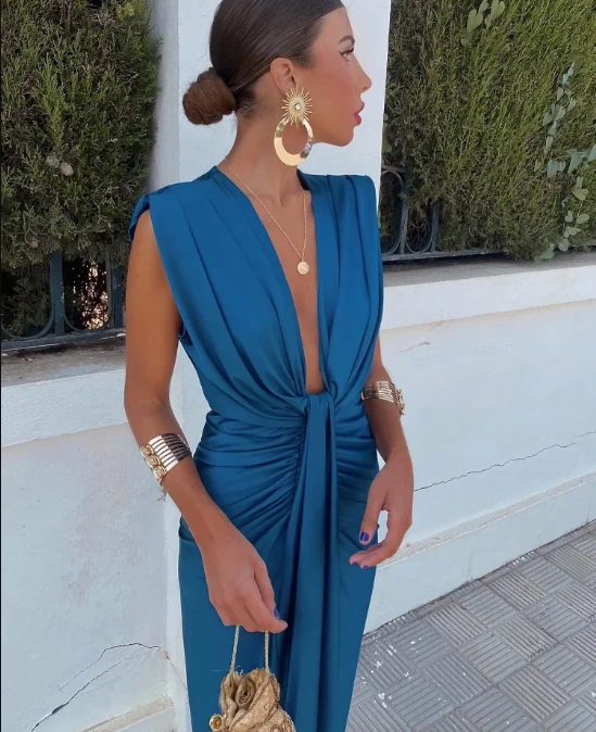 Women's satin-blend evening gown twist-knot V-neck thigh-high slit festive formal dress