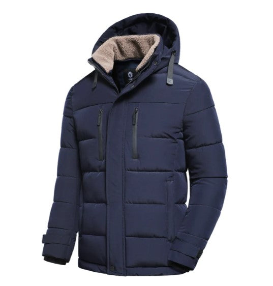 Men's insulated winter jacket with removable hood in weatherproof design, sleek cold-weather coat