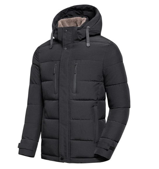 Men's insulated winter jacket with removable hood, weatherproof coat in classic cold-weather style