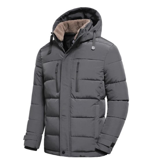 Men's insulated winter jacket with removable hood, weatherproof coat in classic cold-weather style