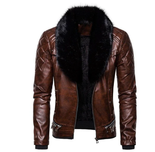 Men's black leather jacket detachable collar versatile all-weather durable style modern fit