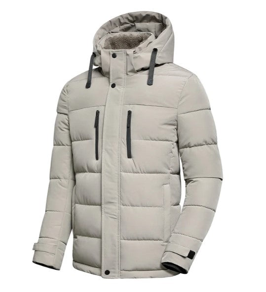 Men's insulated weatherproof winter jacket with removable hood in versatile cold-weather style