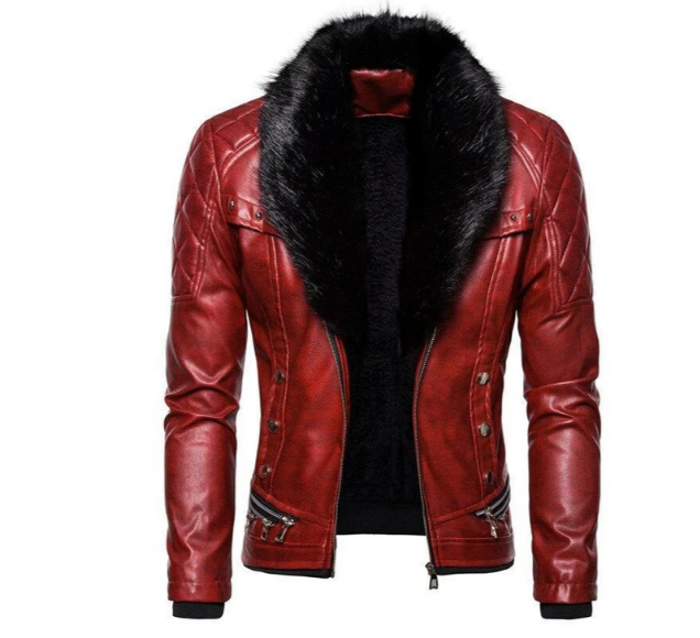 Men's black leather jacket detachable collar versatile all-weather durable modern style Ganda