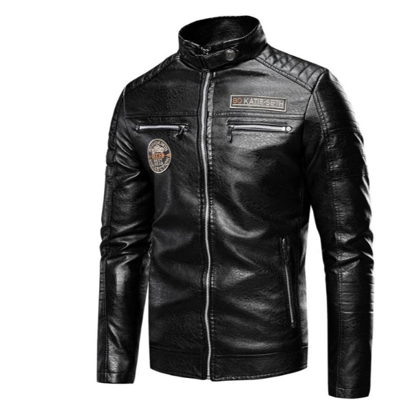 Men's black patched leather jacket with bold patch accents, casual fit, durable everyday wear