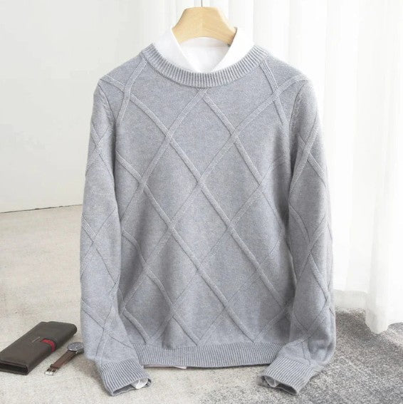 Men's Aro cozy sustainable knit jumper in neutral tone, relaxed contemporary fit for cold weather