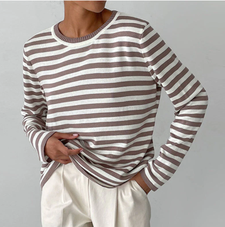 Women's classic striped long-sleeve shirt with relaxed fit, perfect for casual or blazer styling