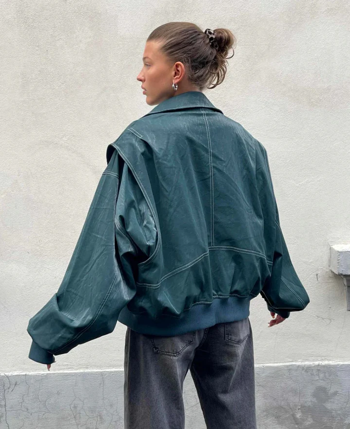 Agnete oversized autumn bomber jacket with front zip, relaxed casual fit, sustainable comfort wear