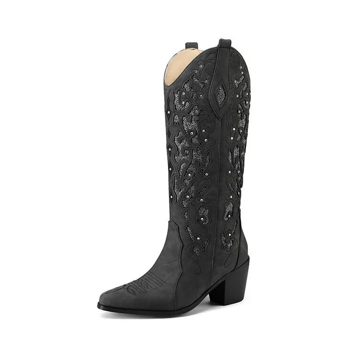 Celine women's embroidered cowboy ankle boots with block heel, Western-style fine stitchwork detailing