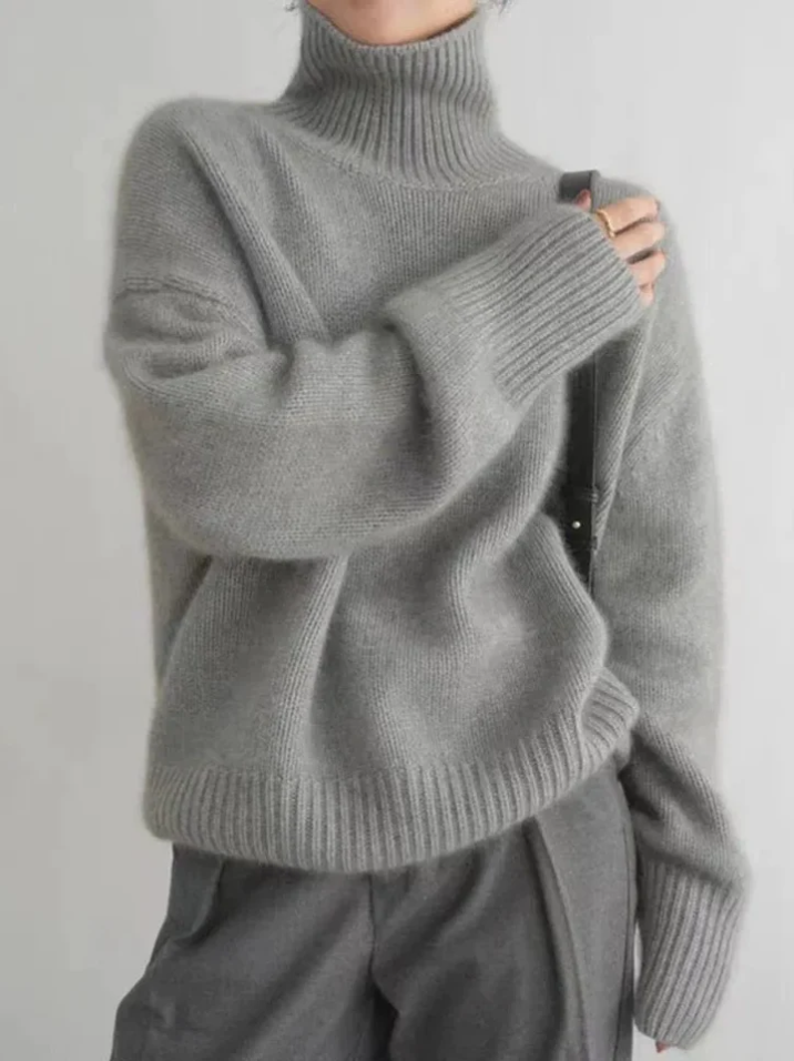 Beige soft knit turtleneck sweater slim fit sustainable fabric everyday comfort style