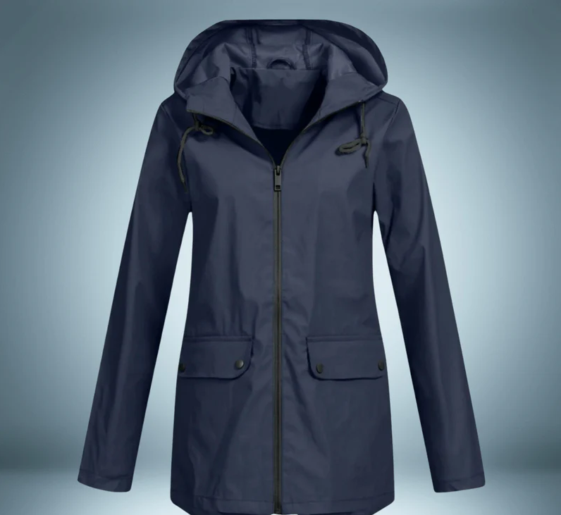 Women's waterproof hooded raincoat with secure pockets, breathable fabric, refined silhouette for daily wear