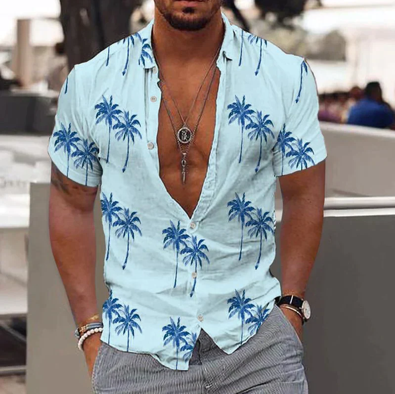 Men's relaxed fit short sleeve shirt tropical palm print button placket casual summer style