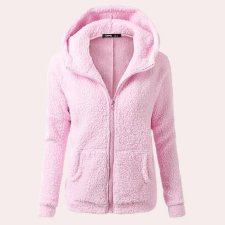 Women's long winter coat with hood, button closure, cozy sustainable outerwear for cold weather