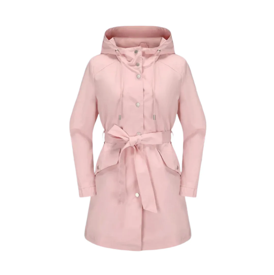 Women's beige waterproof trench coat classic belted silhouette with sustainable weather-ready finish
