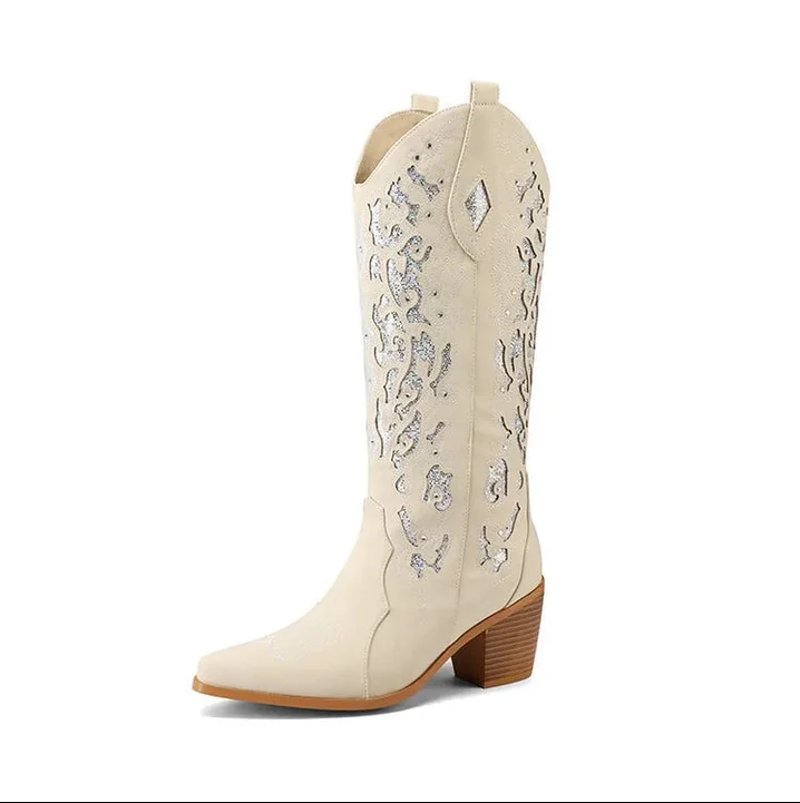 Celine women's embroidered cowboy ankle boots with block heel, Western-style intricate stitchwork