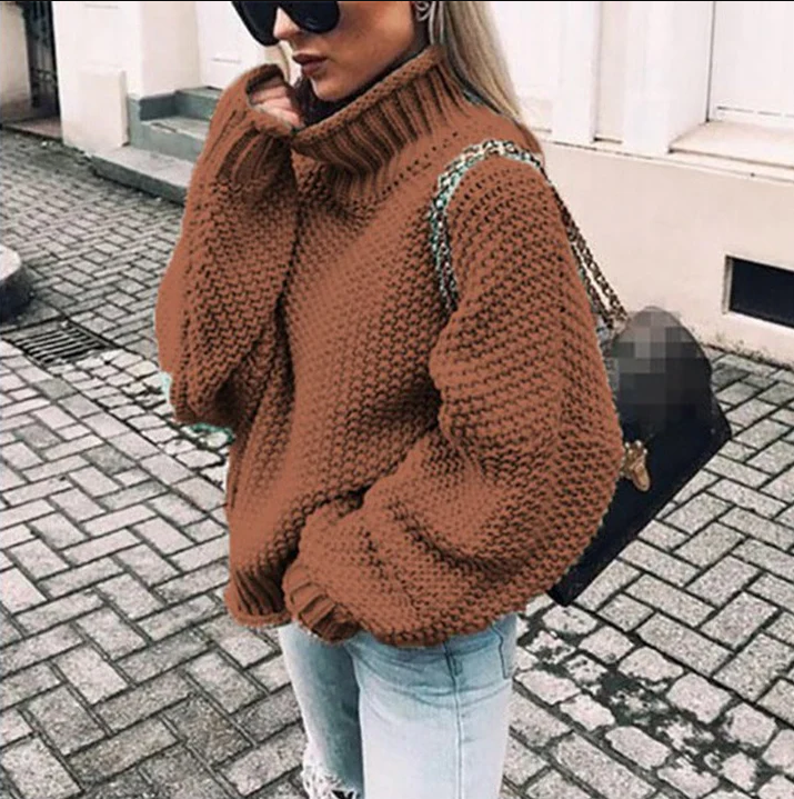Women's slim fit turtleneck knit sweater in soft sustainable fabric for elegant winter warmth