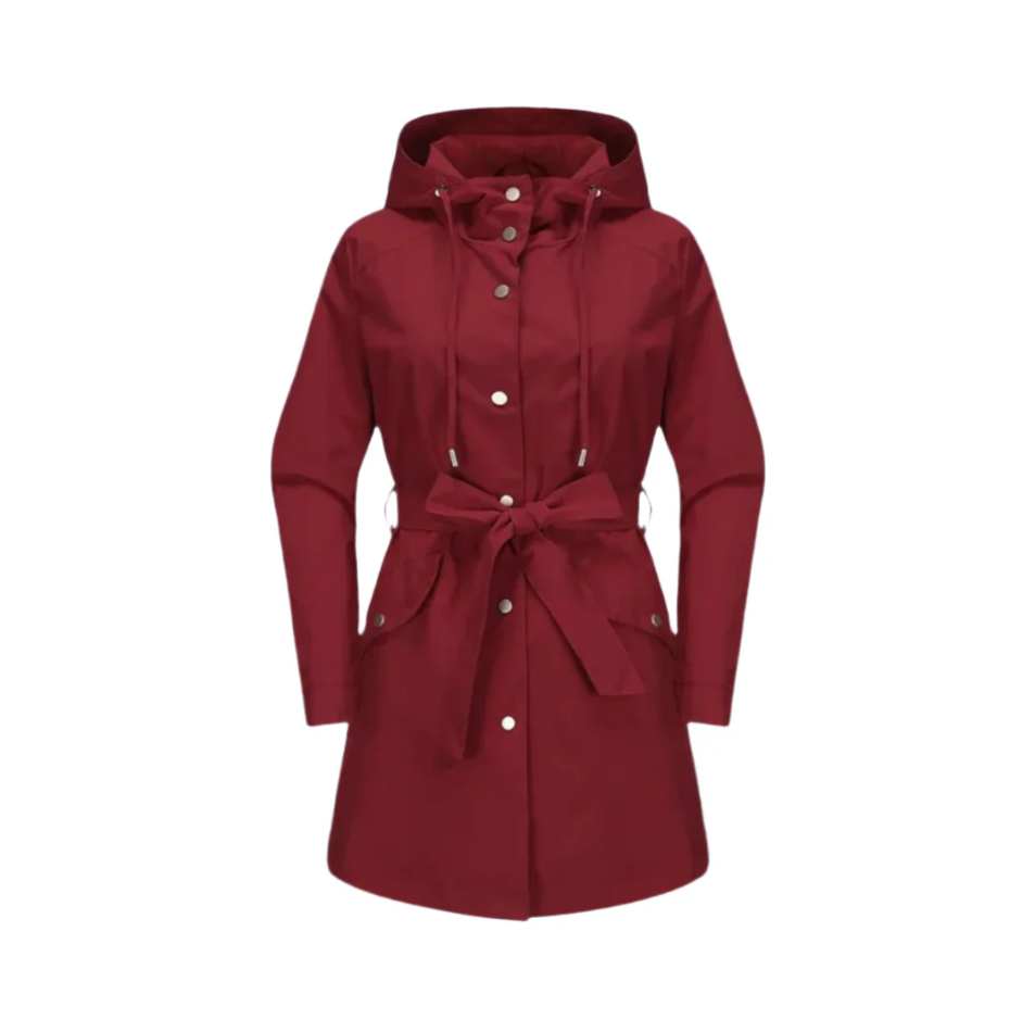 Women's beige waterproof trench coat classic belted silhouette with sustainable rain-ready finish
