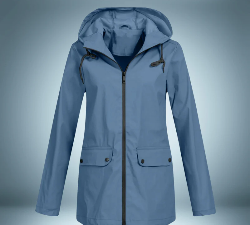 Women's waterproof hooded raincoat with secure pockets, sleek silhouette, durable breathable fabric