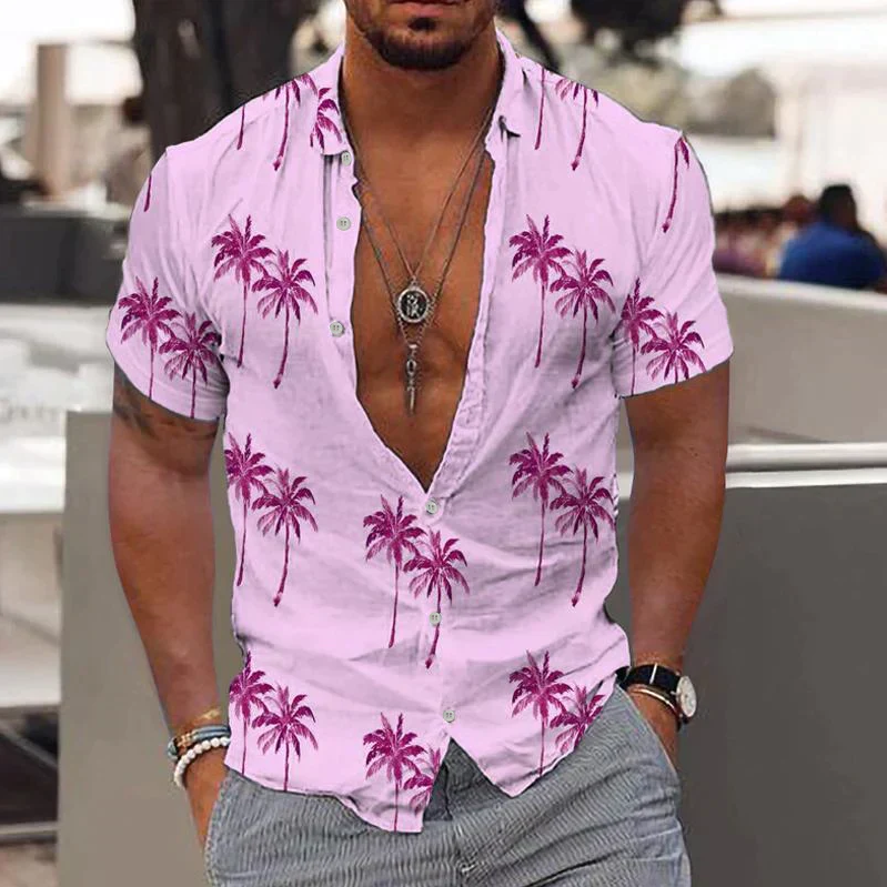 Men's relaxed fit short sleeve shirt white tropical palm print button placket summer casual