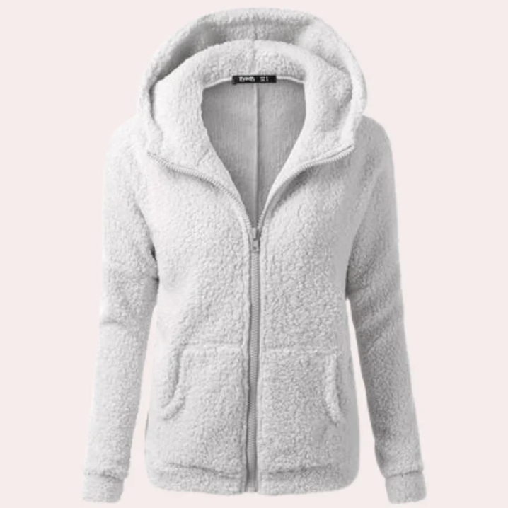 Women's long winter coat with hood, button closure, cozy sustainable outerwear for cold weather