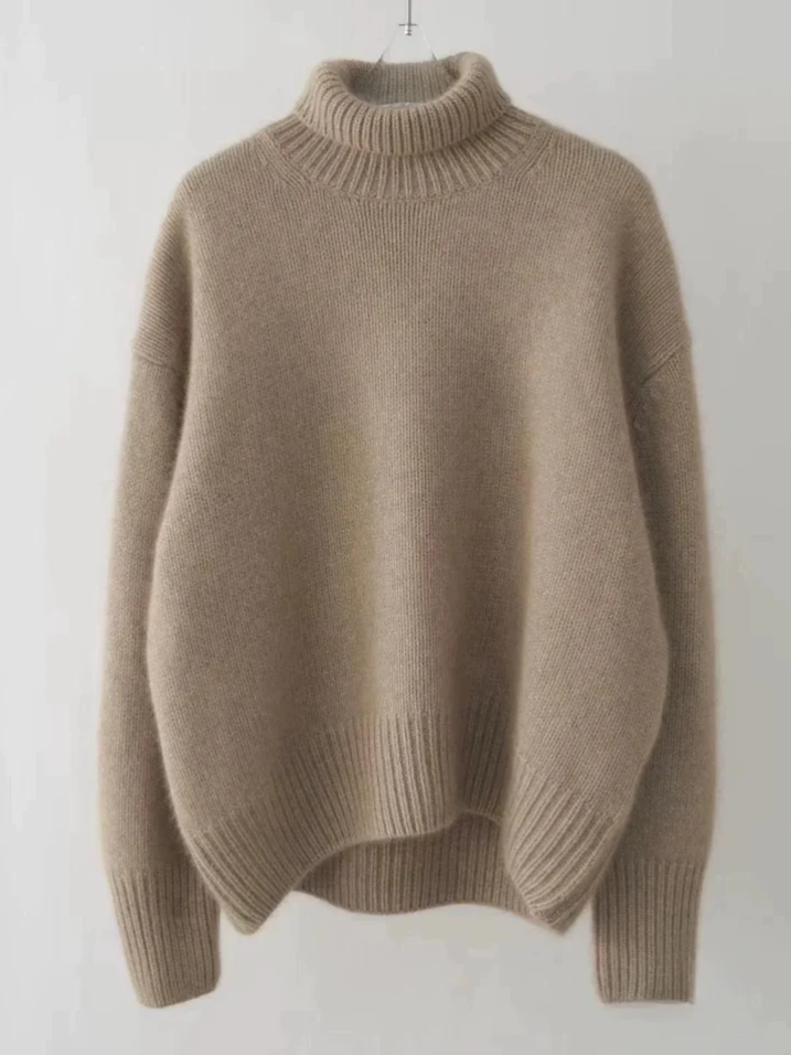 Beige ribbed turtleneck sweater soft sustainable knitwear minimalist everyday comfort fit