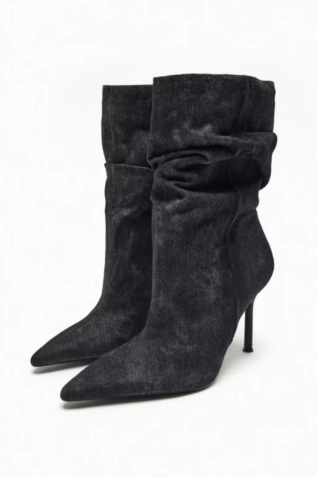 Women's high-heel denim boots with classic blue denim upper and sleek streamlined silhouette