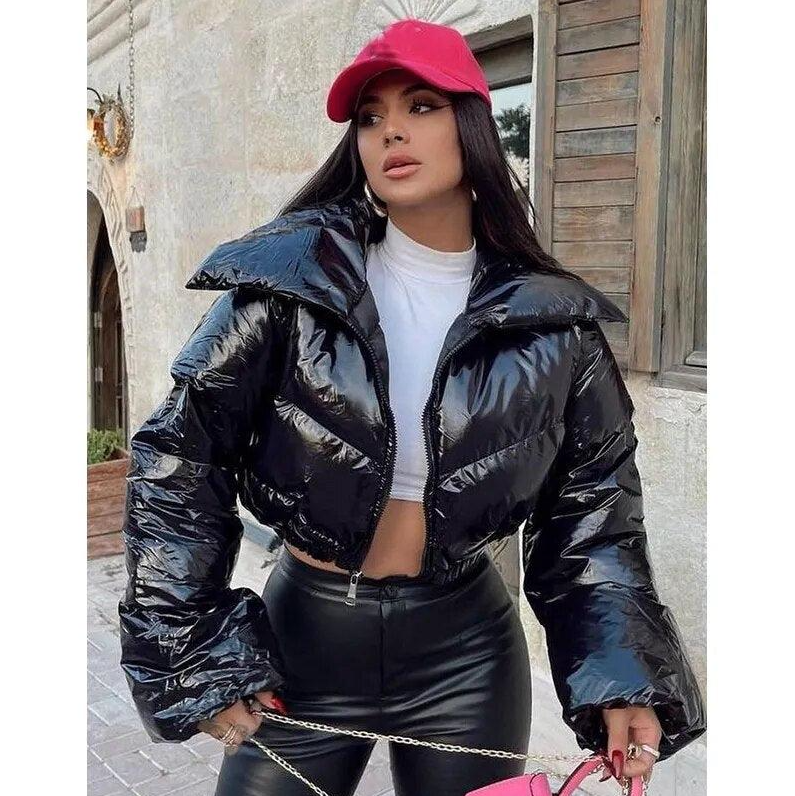 Women's cropped quilted puffer jacket lightweight warm chic sporty silhouette everyday winter wear