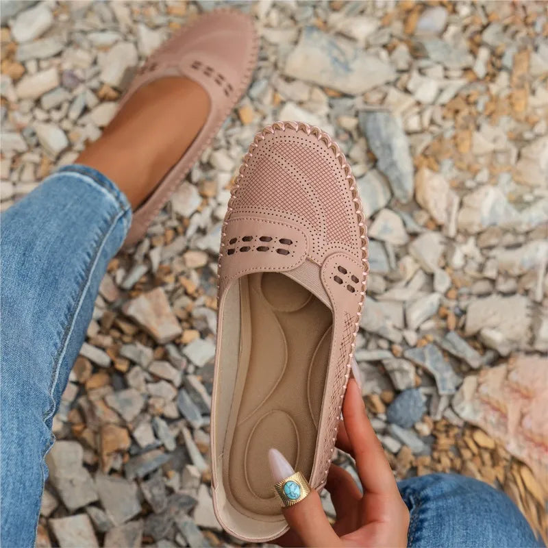 Women's beige PU leather slip-on loafers lightweight cushioned insole timeless silhouette everyday comfort