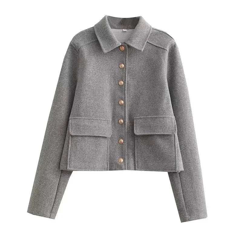 Women's cropped aviator bomber jacket with button front, structured fit, and oversized functional pockets