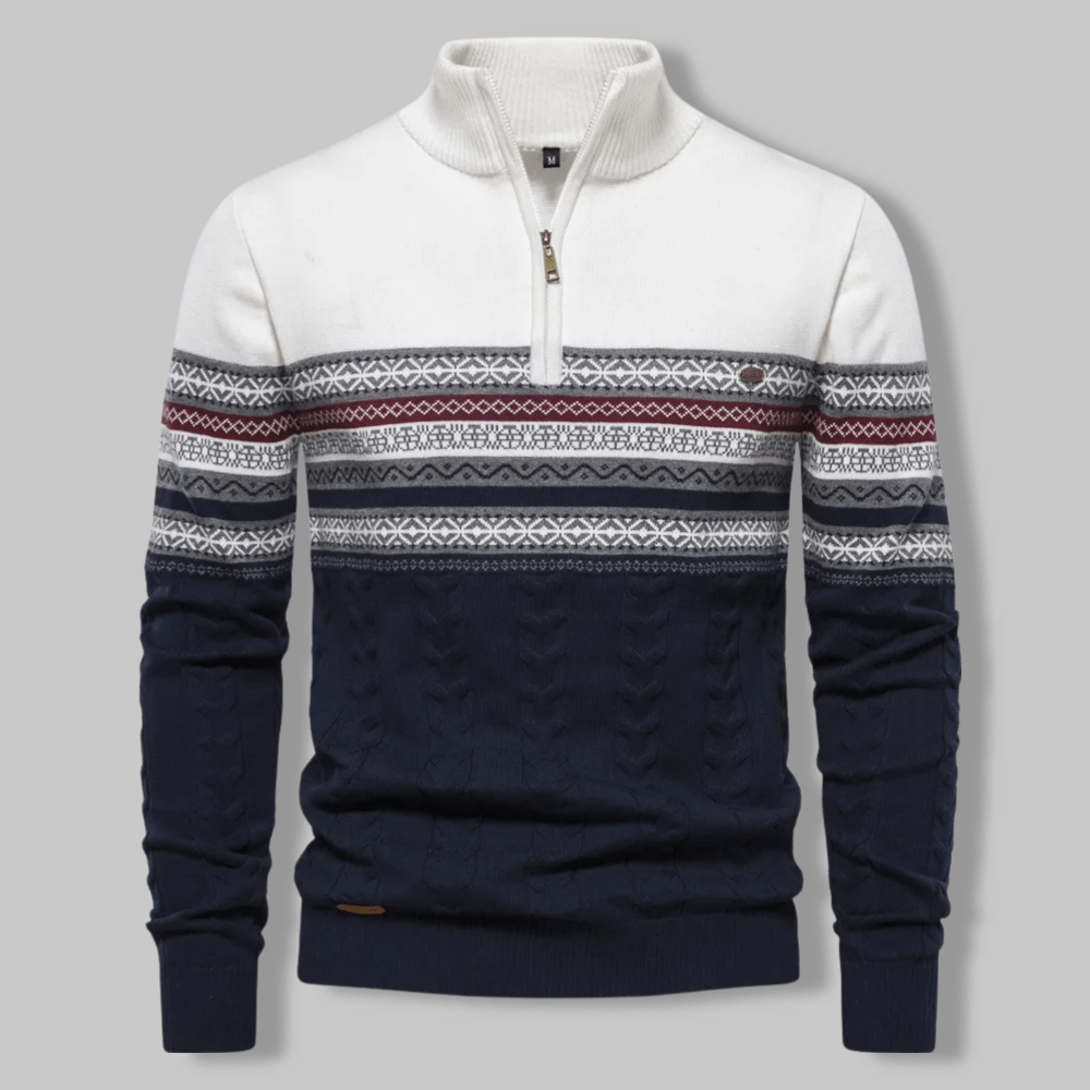 Men's Nordic pattern half-zip pullover sweater with stand collar ribbed cuffs cozy knit