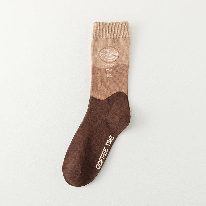 Coffee lover crew socks with playful morning brew coffee cup motif, cozy cotton unisex design