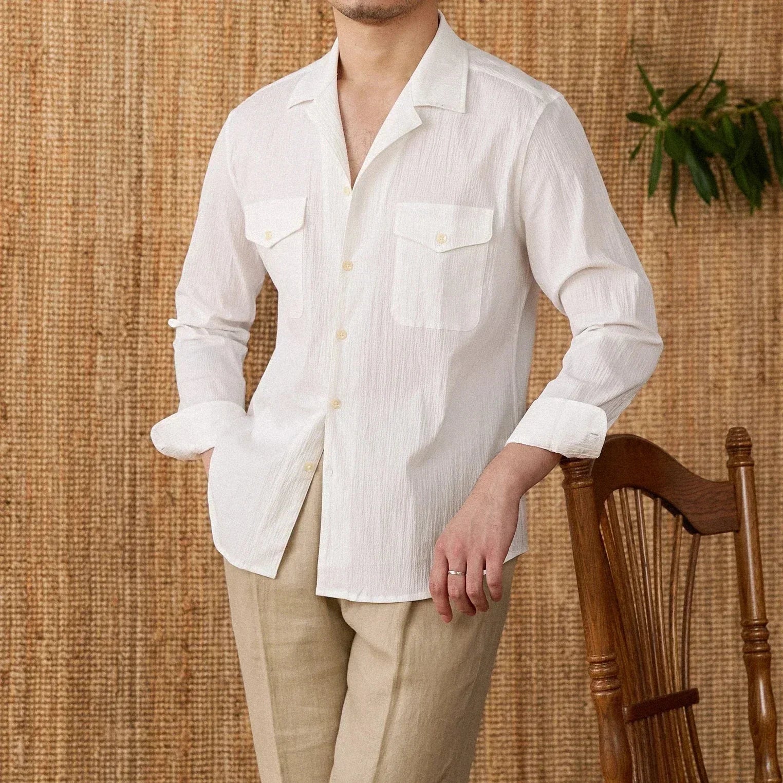 Men's classic fit cotton blend long sleeve shirt with chest pockets, versatile everyday essential