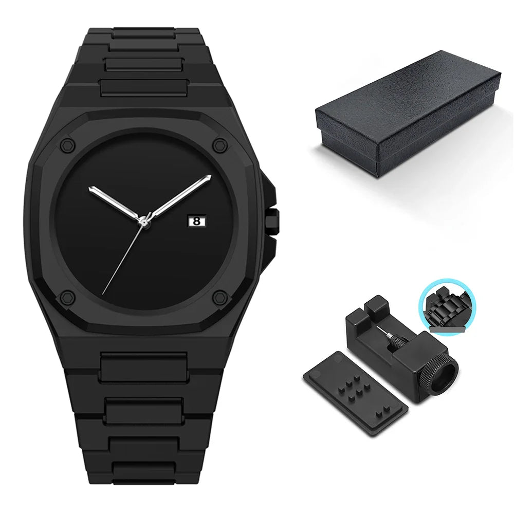 Minimalist monochrome watch geometric bezel date display water-resistant professional daily wear